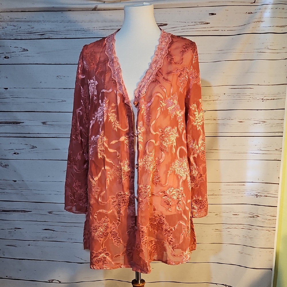 Vintage Victoria Secret Floral Sheer Lace Trim Long Sleeve Cover Up, SP